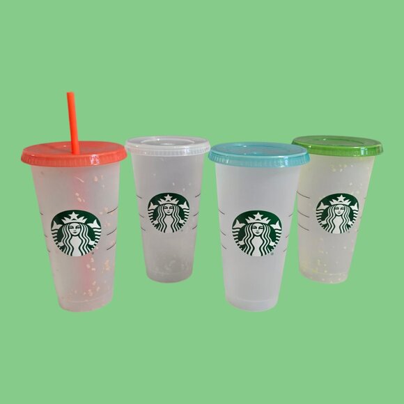 Set 4 Starbucks Reusable Color Changing Confetti 24oz Cold Cups 4 Lids 1 Straw - Picture 1 of 8